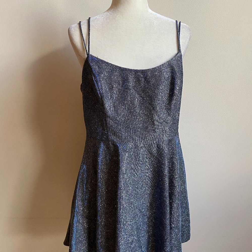 Xscape BNWOT vneck silver blue glitter mini dress sz 14 fit flare tulle